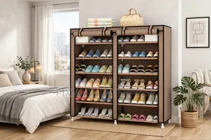 Portable Double Column Shoe Storage Rack With Fabric Cover