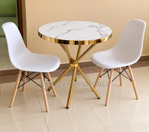 Round Marble-Effect Dining Table With 2 White Chair