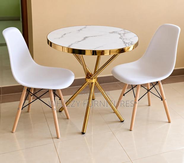 Round Marble-Effect Dining Table With 2 White Chair - thumbnail 2