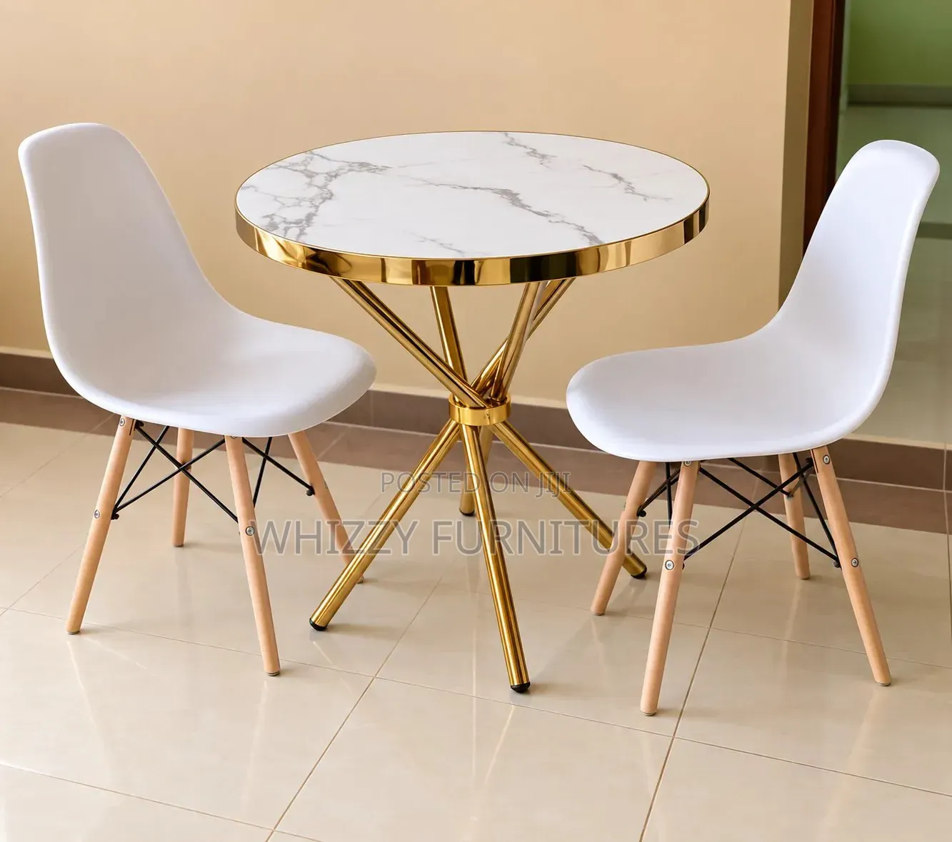 Round Marble-Effect Dining Table With 2 White Chair