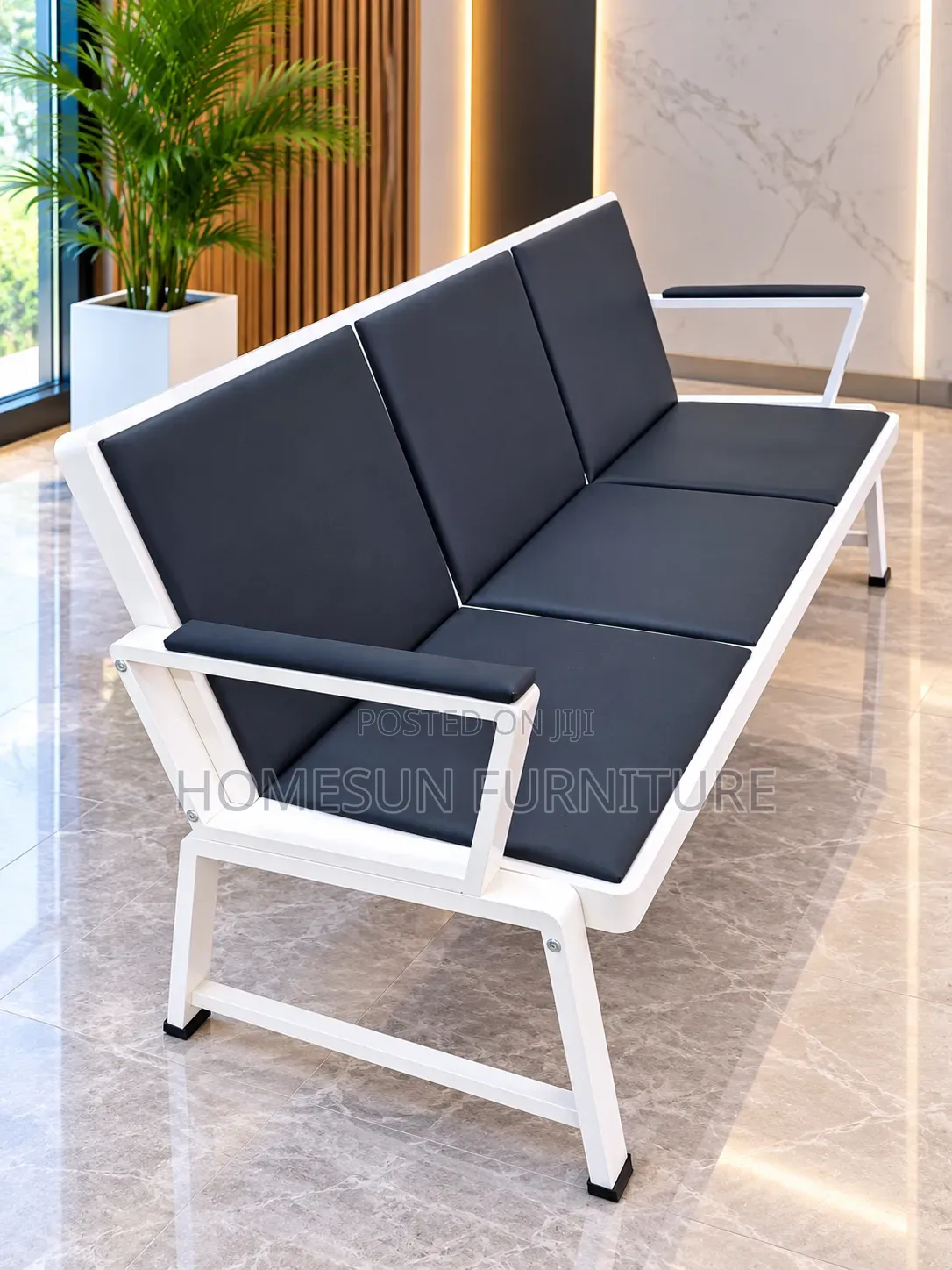 Office Waiting Bench 3 Seater Black and White Frame