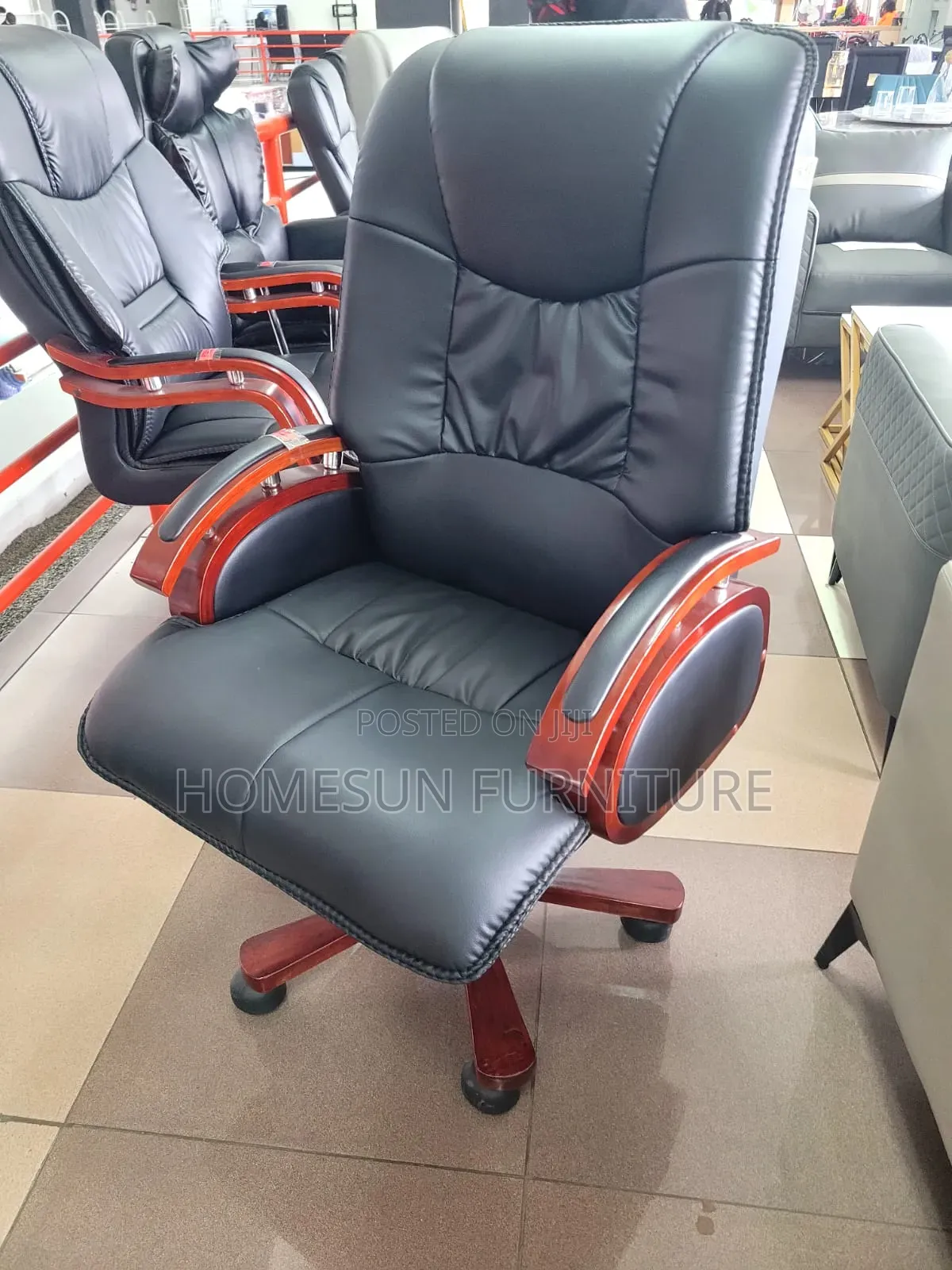 Office Chair Black Leather Executive Wooden Armrests