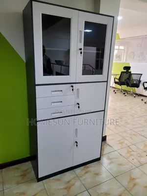 Office Cabinet White and Black With Glass Doors