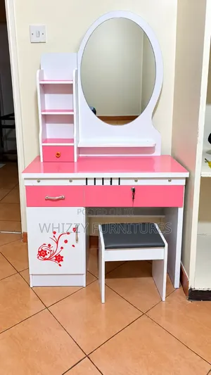 Pink and White Dressing Table With Mirror