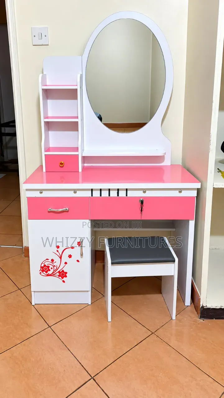 Pink and White Dressing Table With Mirror