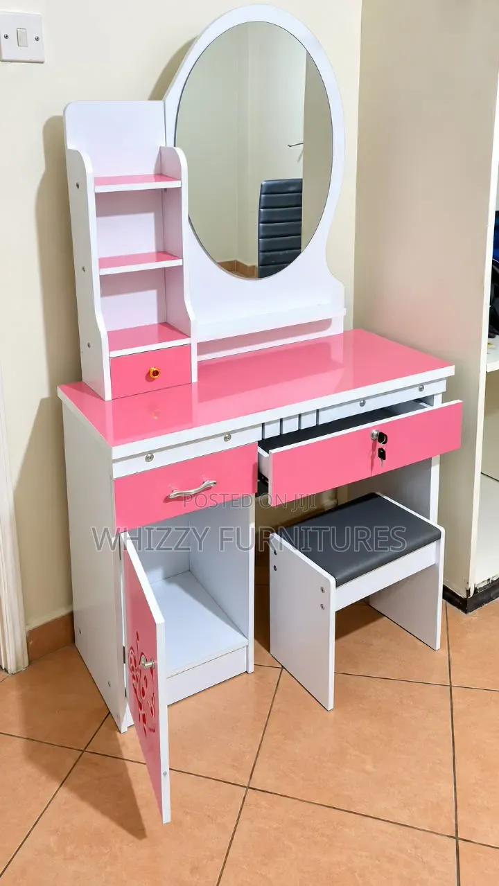 Pink and White Dressing Table With Mirror