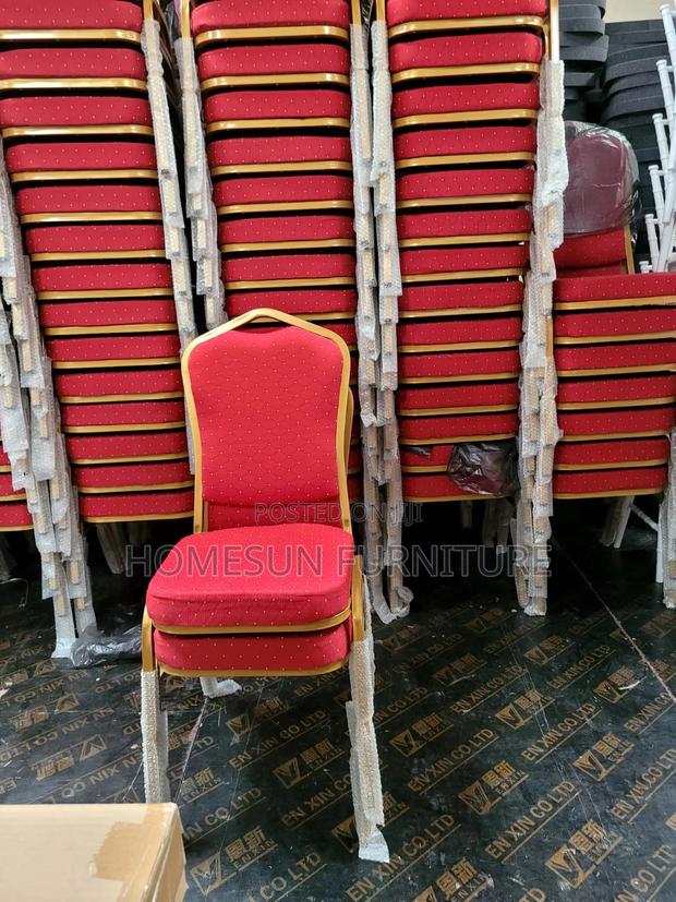 Banquet Chair Red Upholstered Gold Frame Stackable - main view