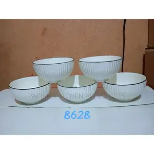 Set of 6 White Ceramic Bowls With Black Ring