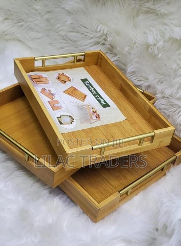 3-Piece Bamboo Serving Tray Set With Gold Handles Alp