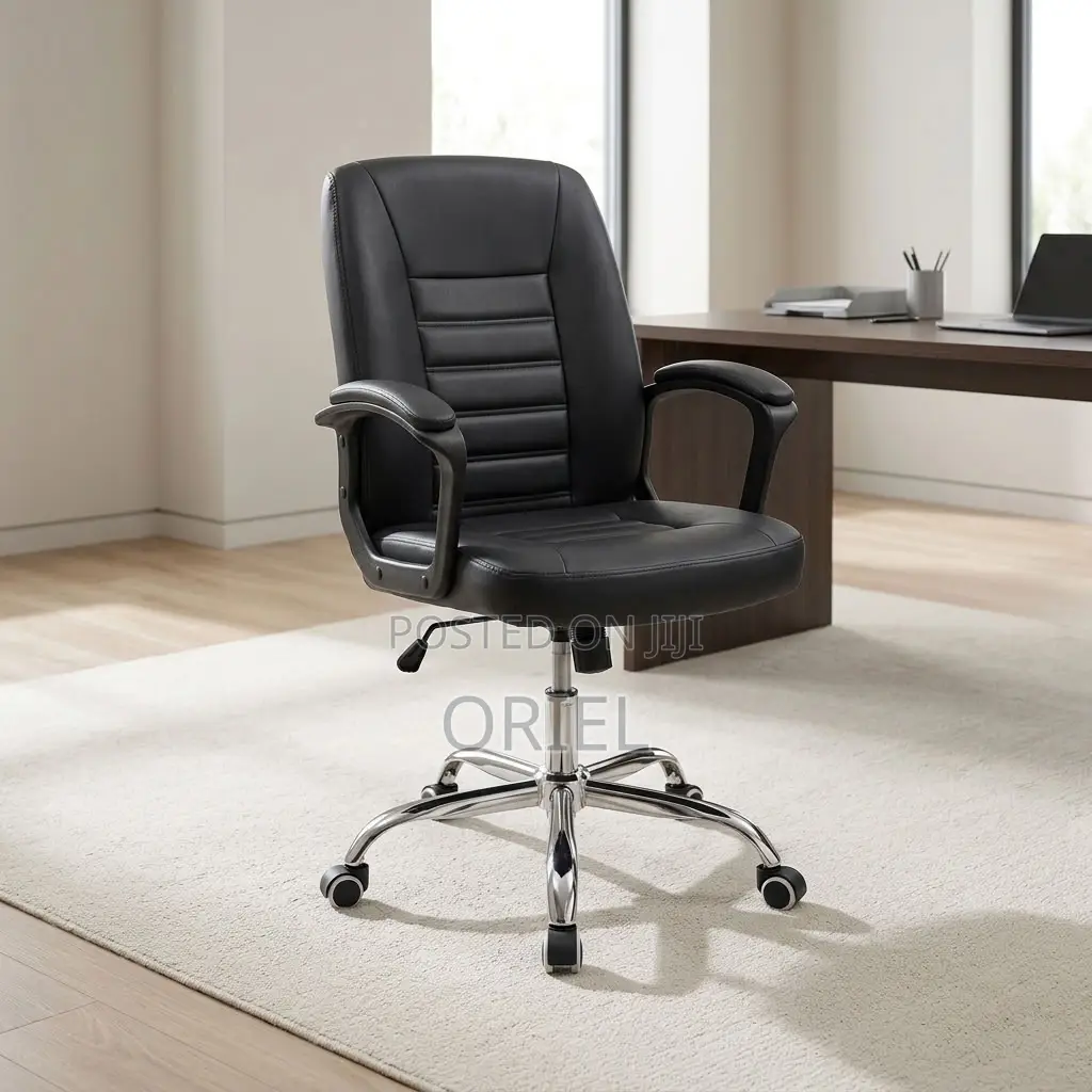 Office Chair : Mid-Back Black Leather Desk Chair