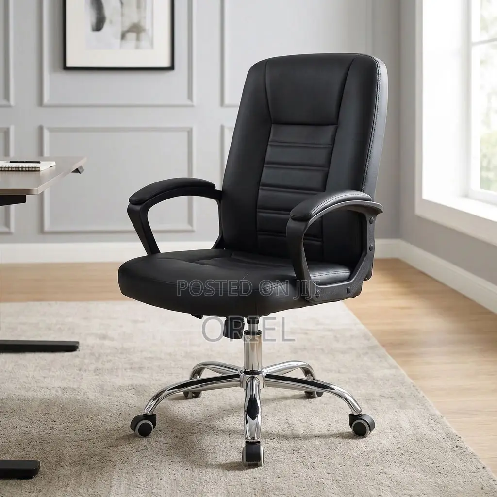 Office Chair : Mid-Back Black Leather Desk Chair