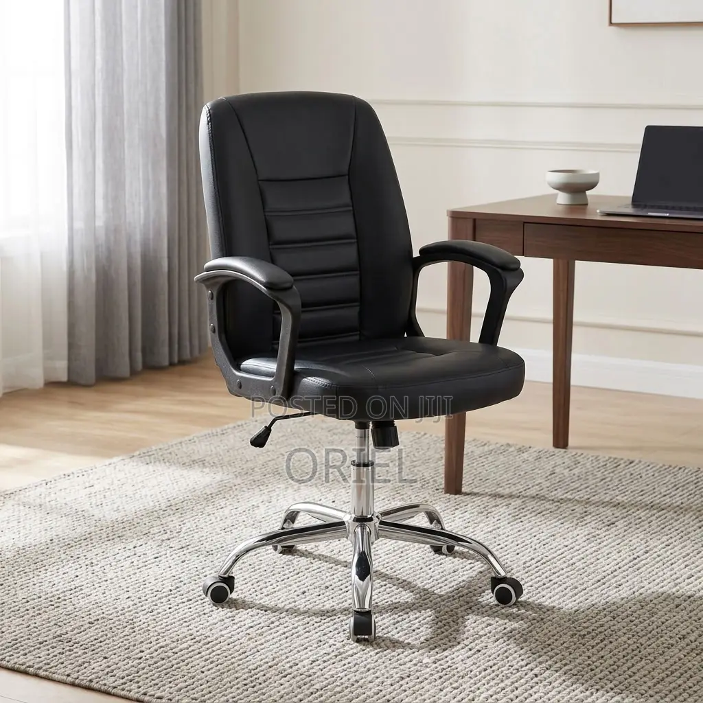 Office Chair : Mid-Back Black Leather Desk Chair