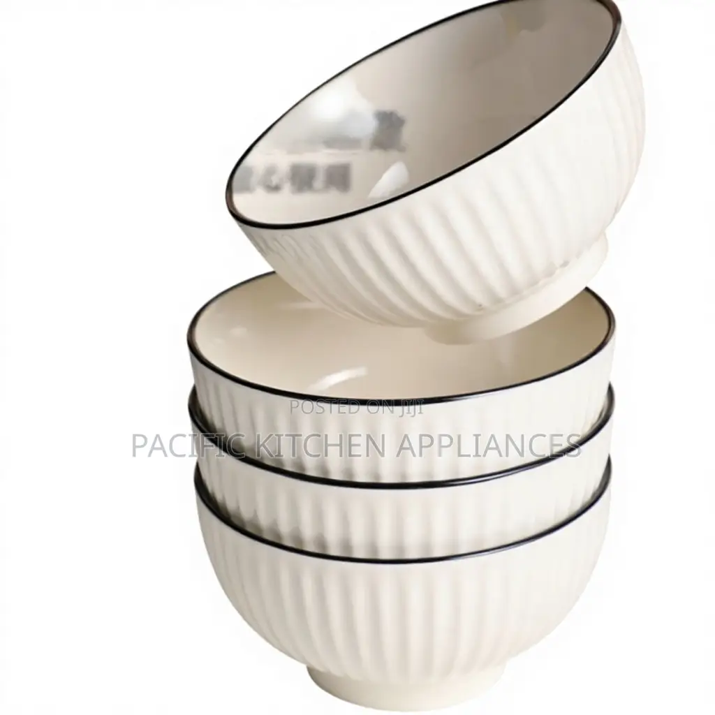 6 PCS Set Stylish Ceramic Bowls – White Ribbed Design With Black Rim