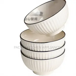 6 PCS Set Stylish Ceramic Bowls – White Ribbed Design With Black Rim