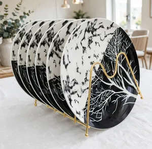 6Pcs Ceramic Tree Dinner Plates - Black White - 10 Inch - New
