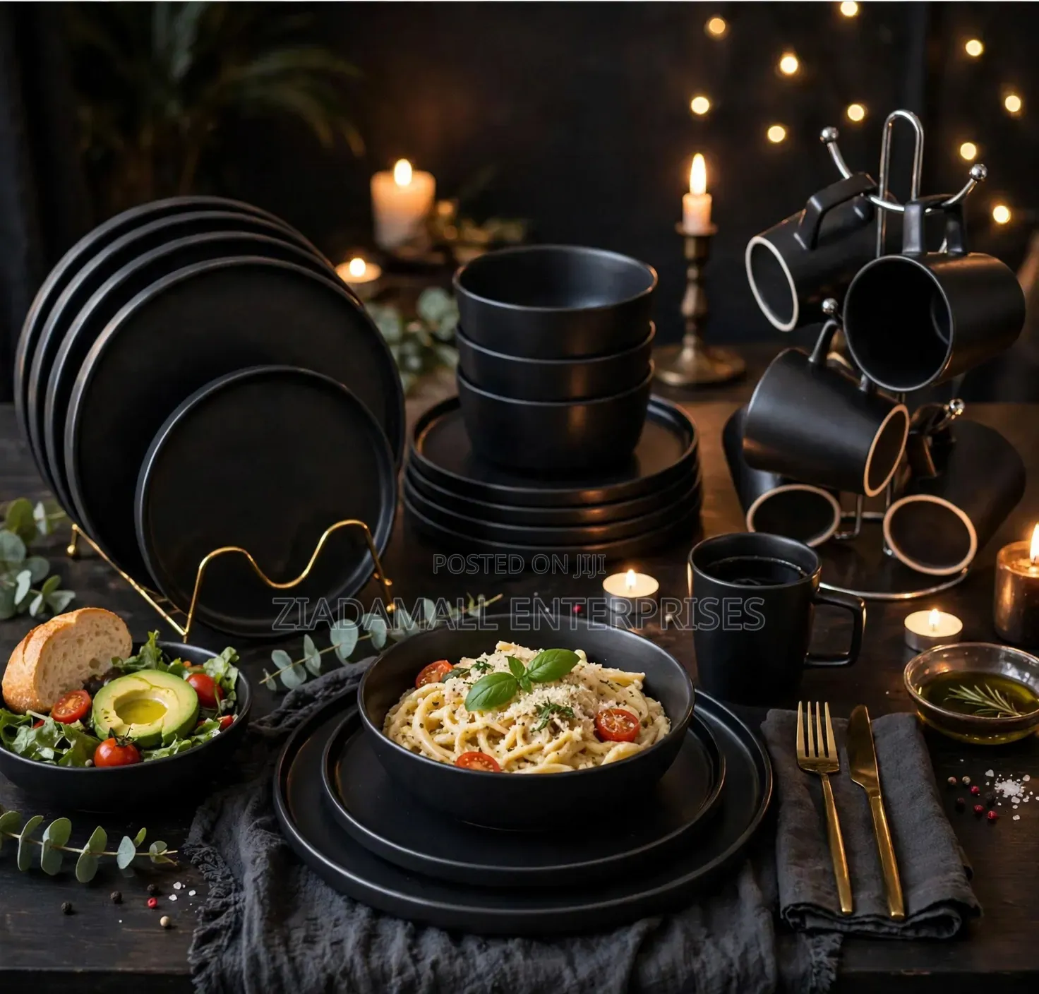 Classic Black Dinner Set 24Pcs - Plates Bowls Mugs - New