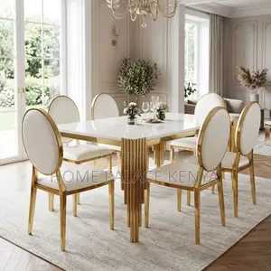 Dining Table Set; Gold Frame Six Person Glass Dining Table
