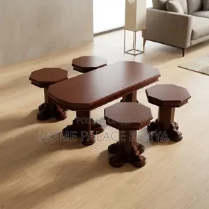 Coffee Table; Mahogany Coffee Table With Four Matching Stool