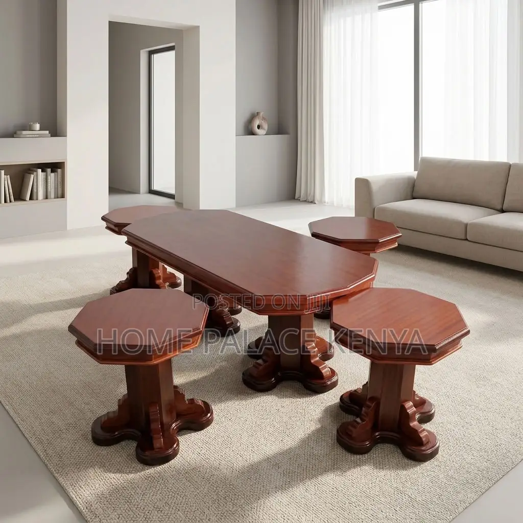 Coffee Table; Mahogany Coffee Table With Four Matching Stool