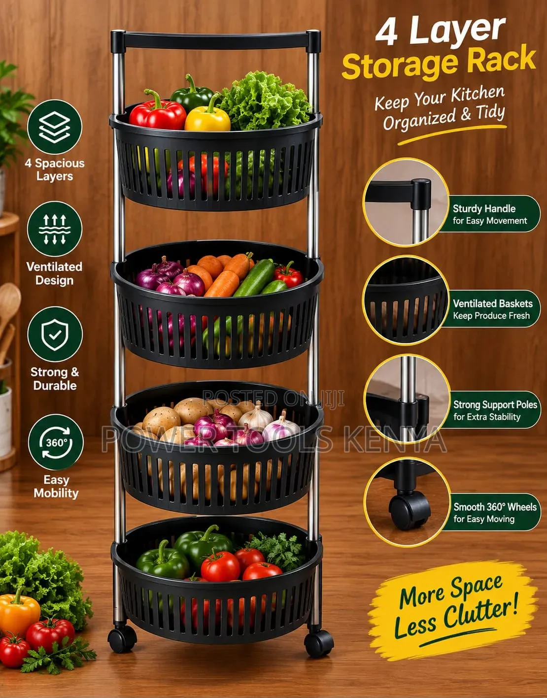 4-Layer Rotating Kitchen Storage Rack and Rolling Trolley