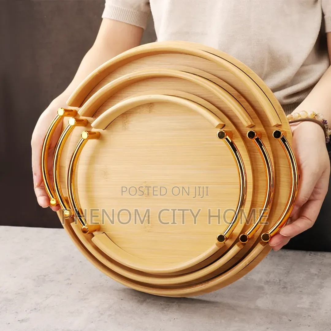 Gold Handle 3pc Bamboo Decor and Serving Trays