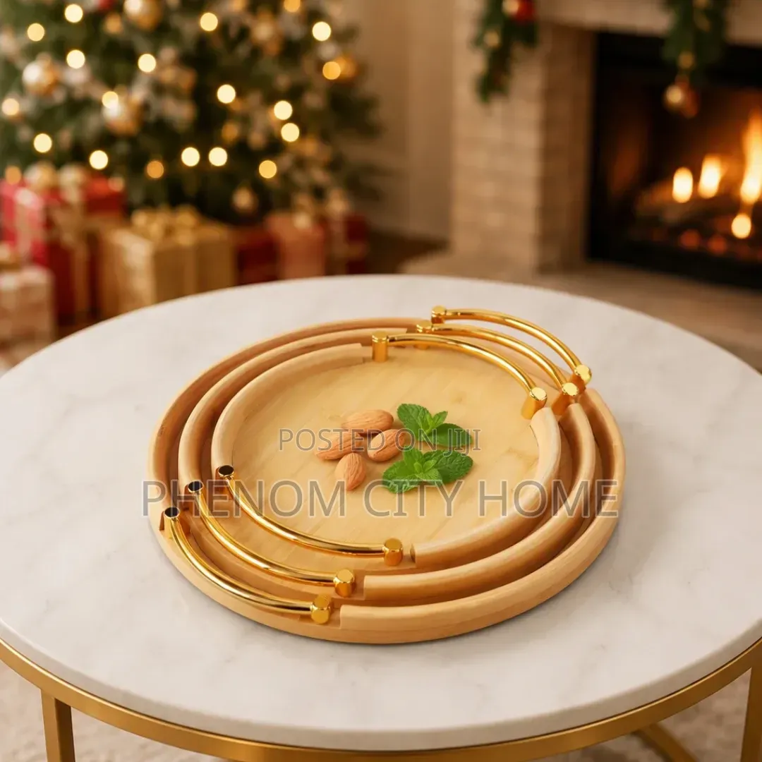 Gold Handle 3pc Bamboo Decor and Serving Trays