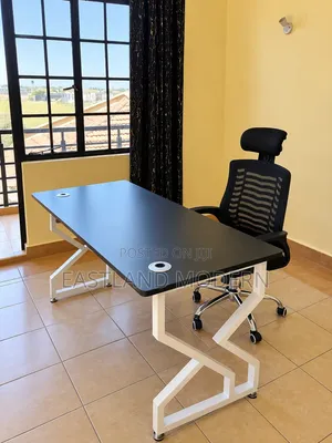 Black Office Desk With White Metal Frame & Headrest Chair