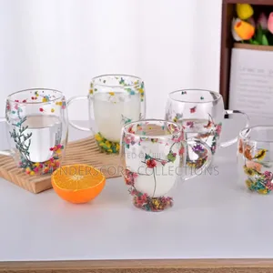 *Insulated Double Wall Glass Mug Dried Flower Coffee Cup With Hand