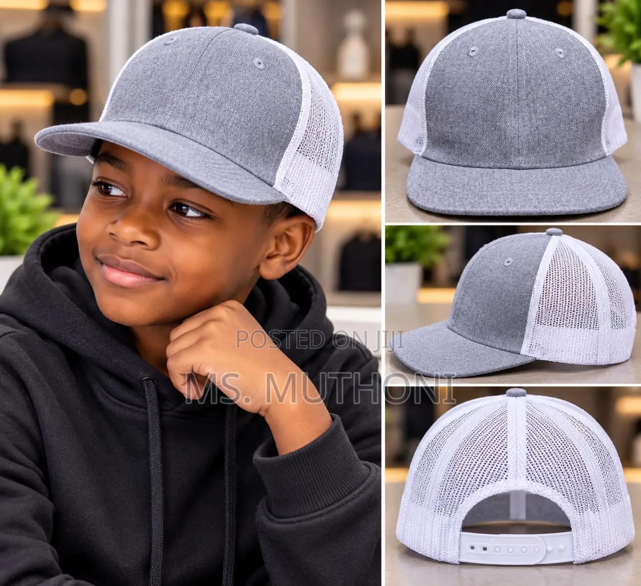 Kids Grey and White Mesh Trucker Snapback Cap