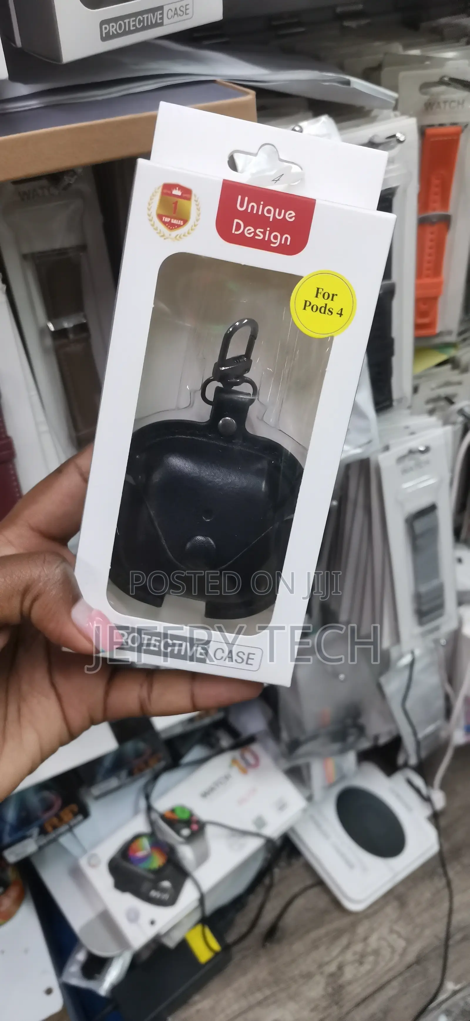 Black Faux-Leather Protective Case for Wireless Earbuds "For Pods 4