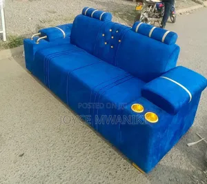 Luxury Modern 3 Seater Sofa, Royal Blue With Cup Holder