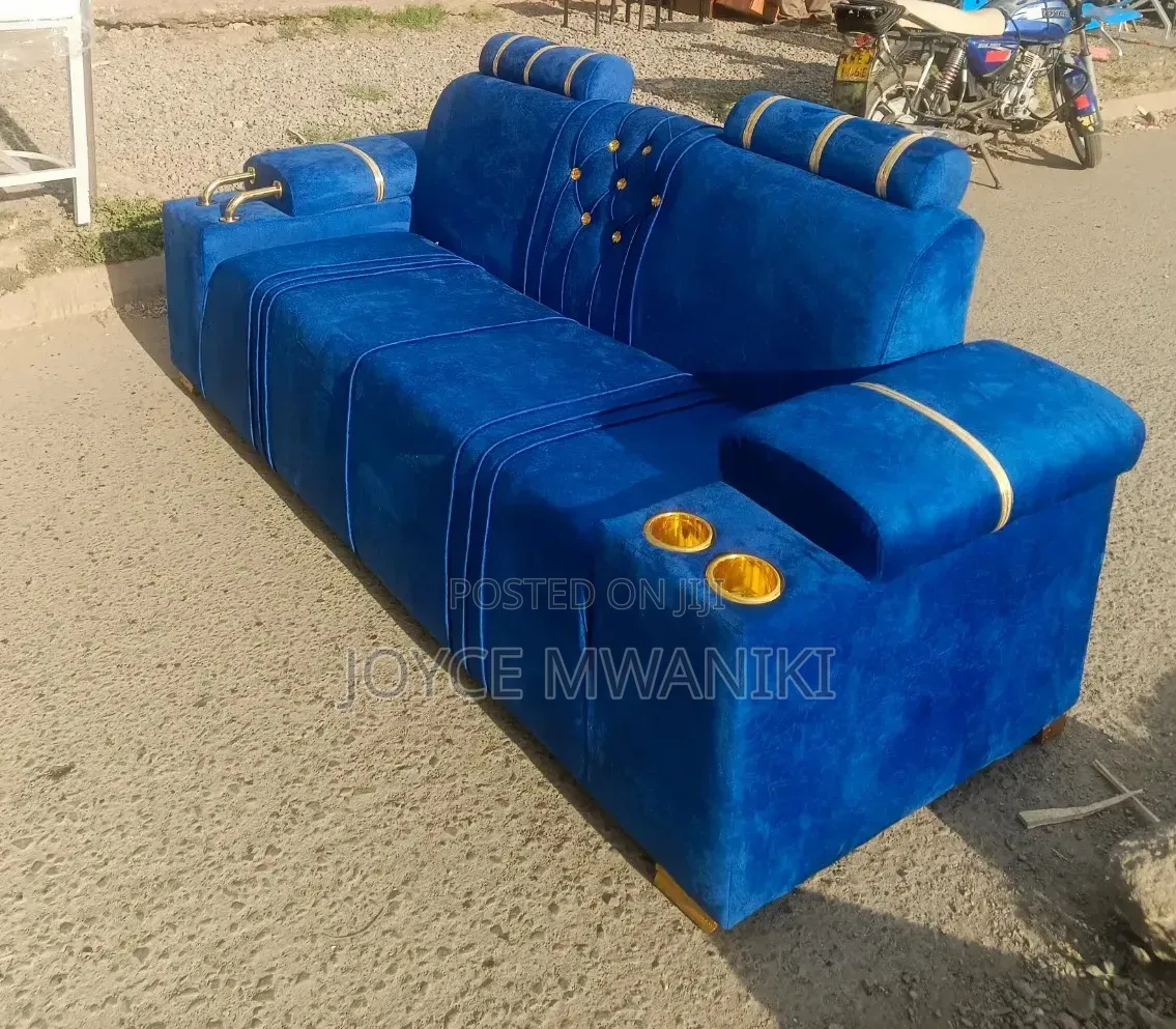 Luxury Modern 3 Seater Sofa, Royal Blue With Cup Holder