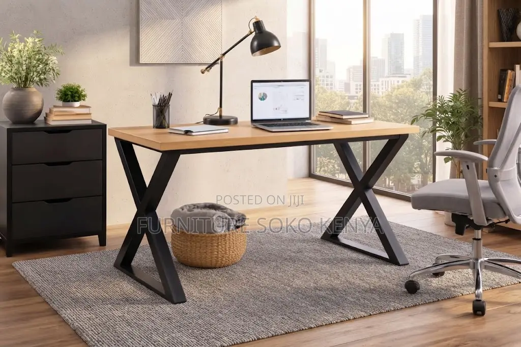 Home Office Table | Brown Metal Framed Computing Desk