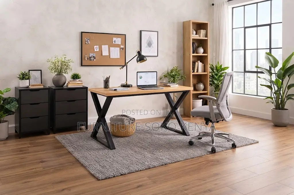 Home Office Table | Brown Metal Framed Computing Desk