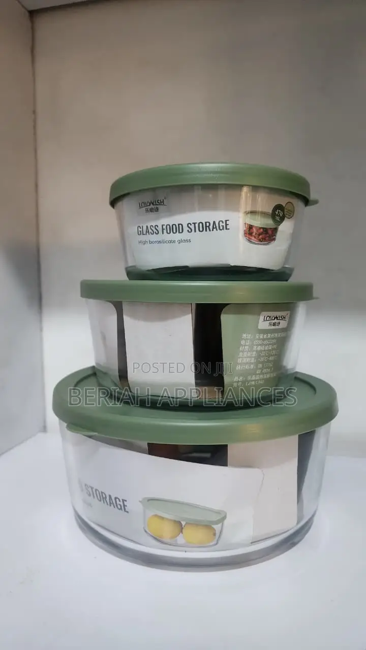 3pc Round Borosilicate Glass Containers Green Lid