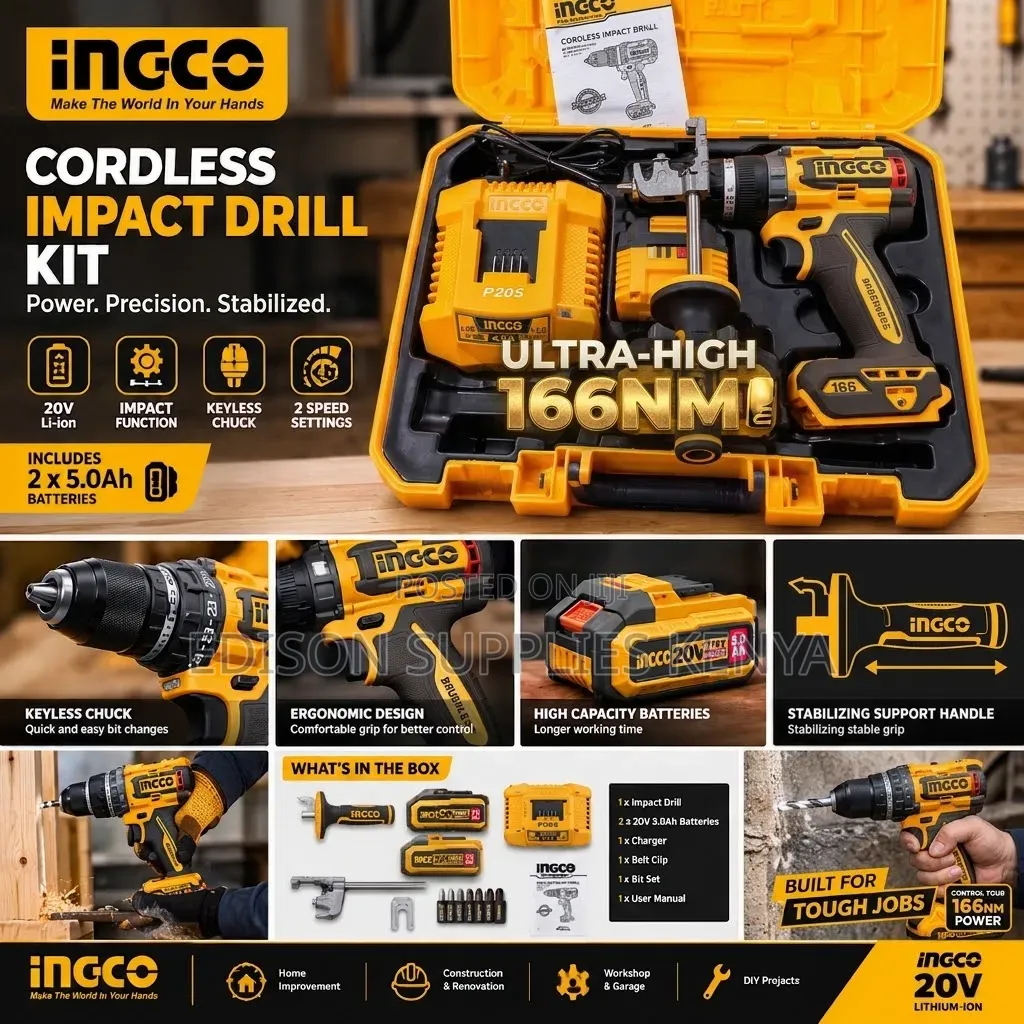 INGCO Cordless Drill Impact Drill 166Nm, Brushless