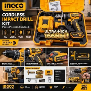 INGCO Cordless Drill Impact Drill 166Nm, Brushless