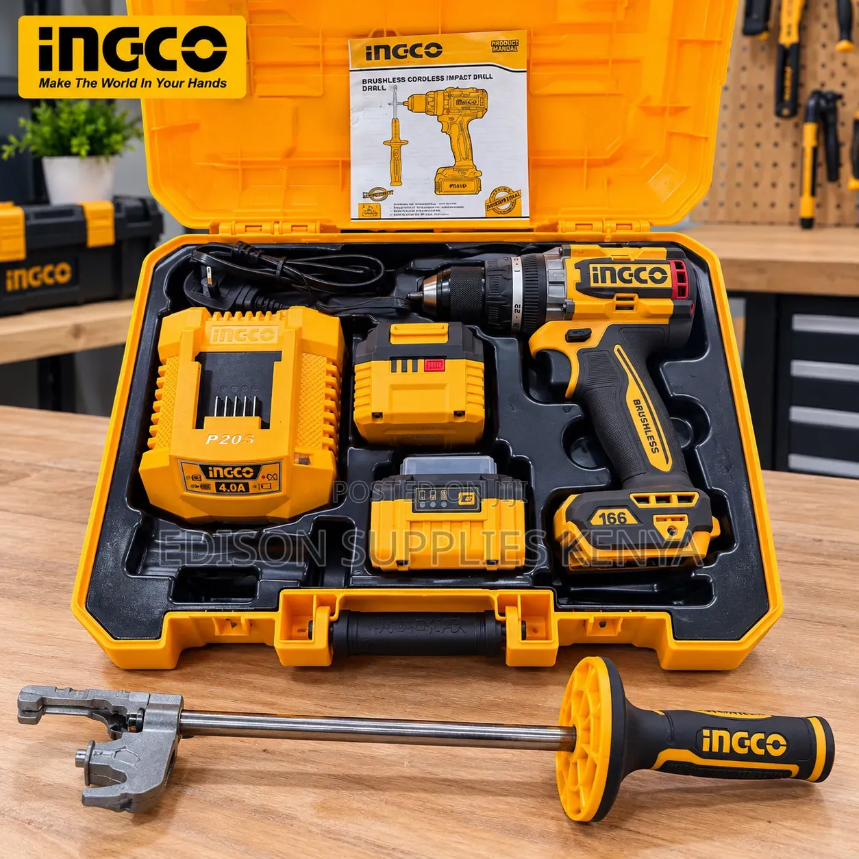 INGCO Cordless Drill Impact Drill 166Nm, Brushless