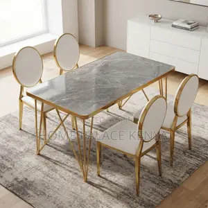Kitchen Dining Set; Leather Chairs With Marble Gold Table Set