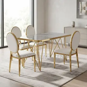 Kitchen Dining Set; Leather Chairs With Marble Gold Table Set