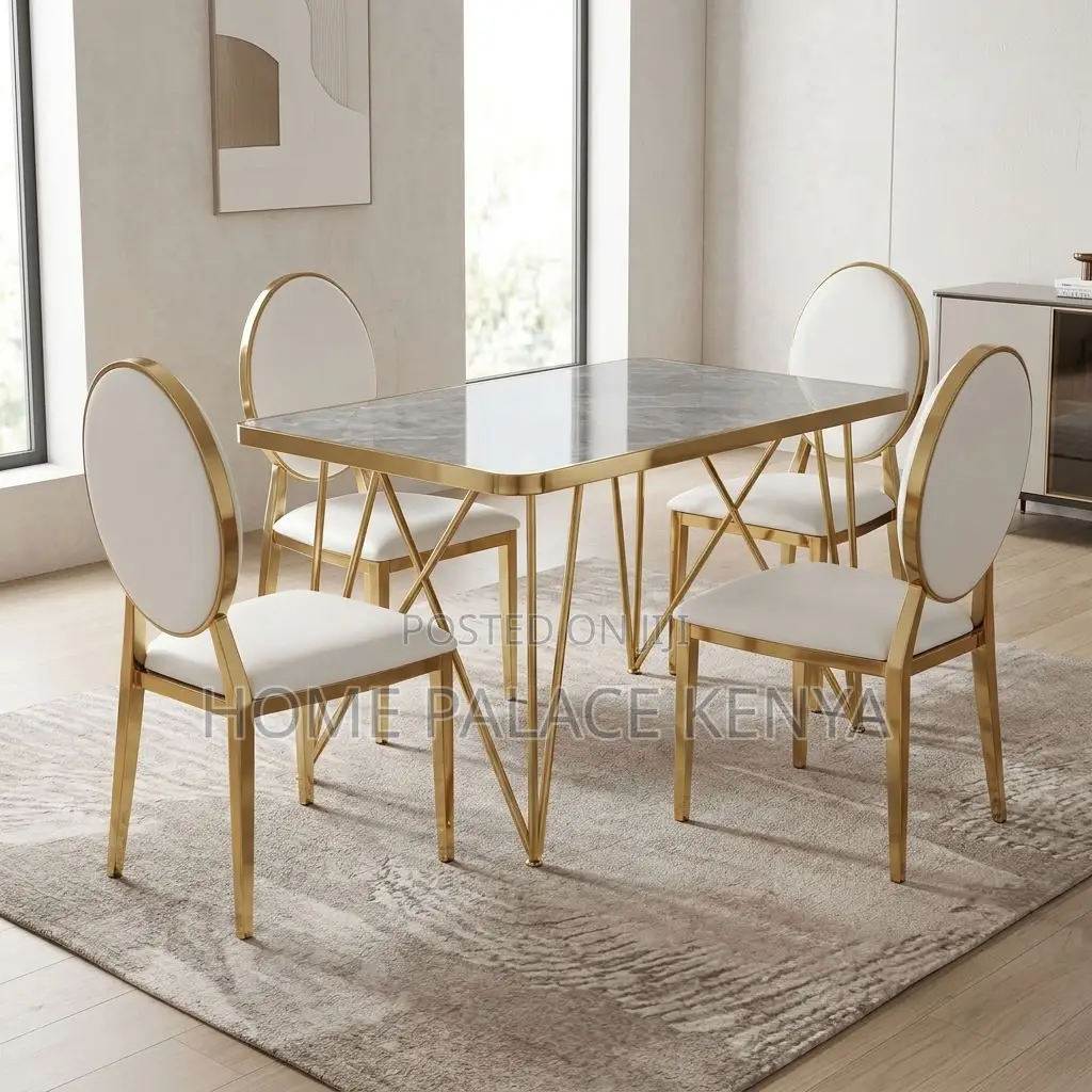 Kitchen Dining Set; Leather Chairs With Marble Gold Table Set