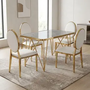 Kitchen Dining Set; Leather Chairs With Marble Gold Table Set