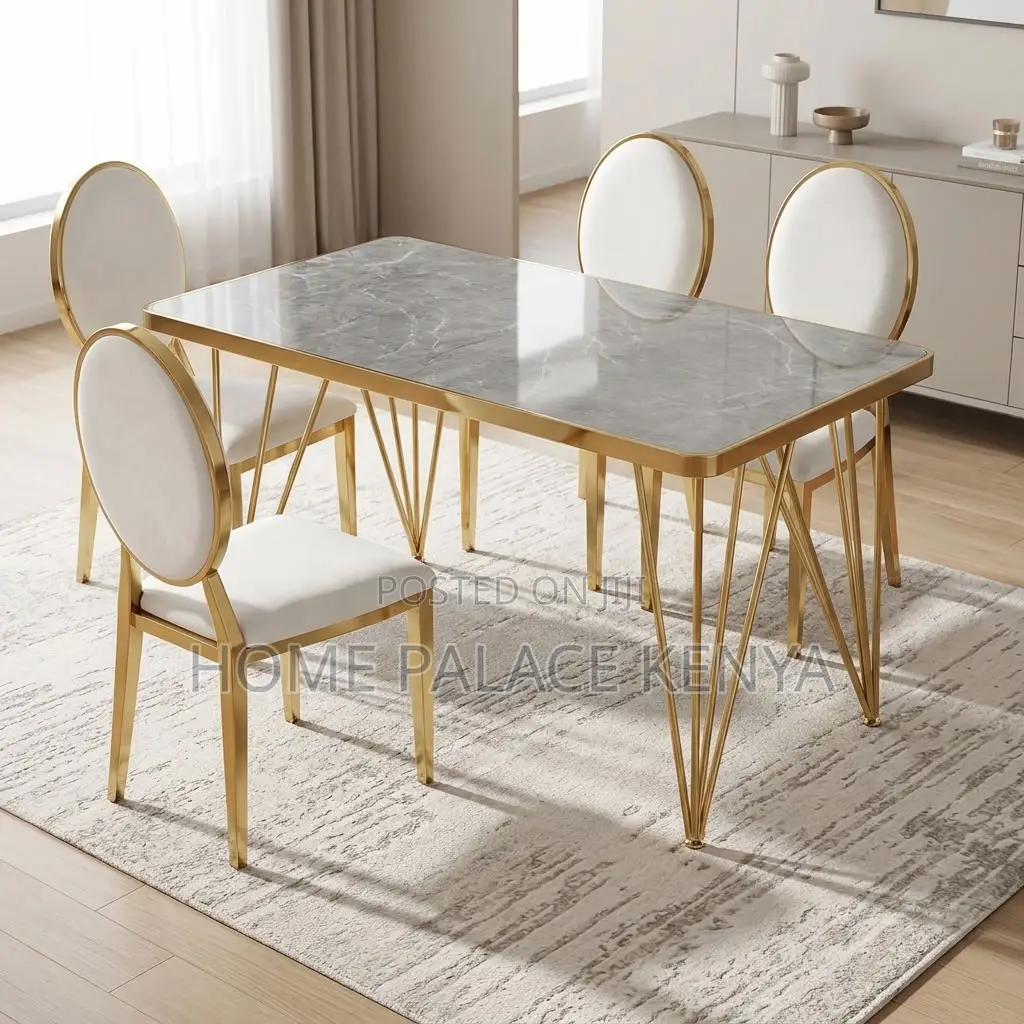 Kitchen Dining Set; Leather Chairs With Marble Gold Table Set