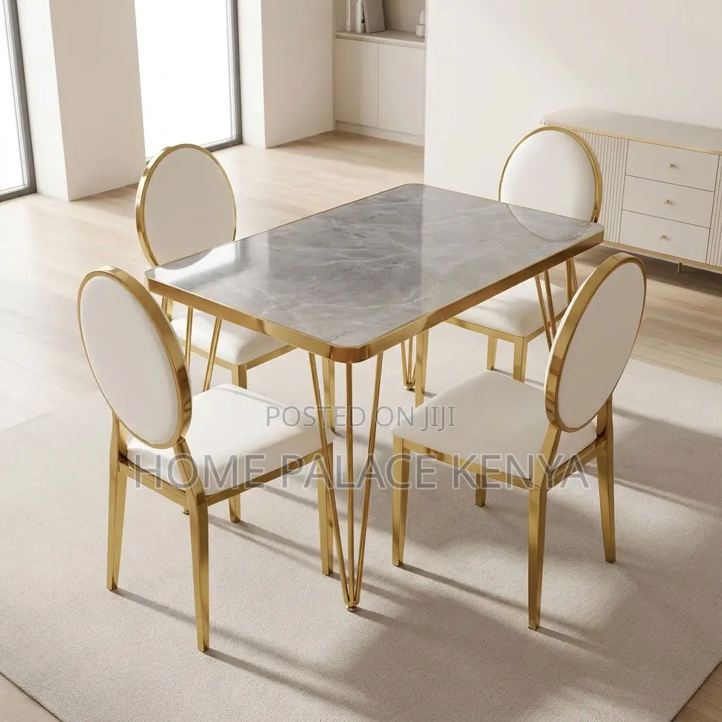 Kitchen Dining Set; Leather Chairs With Marble Gold Table Set