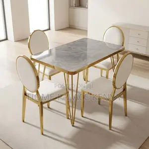 Kitchen Dining Set; Leather Chairs With Marble Gold Table Set