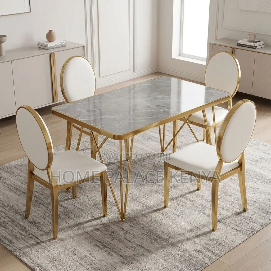 Kitchen Dining Set; Leather Chairs With Marble Gold Table Set