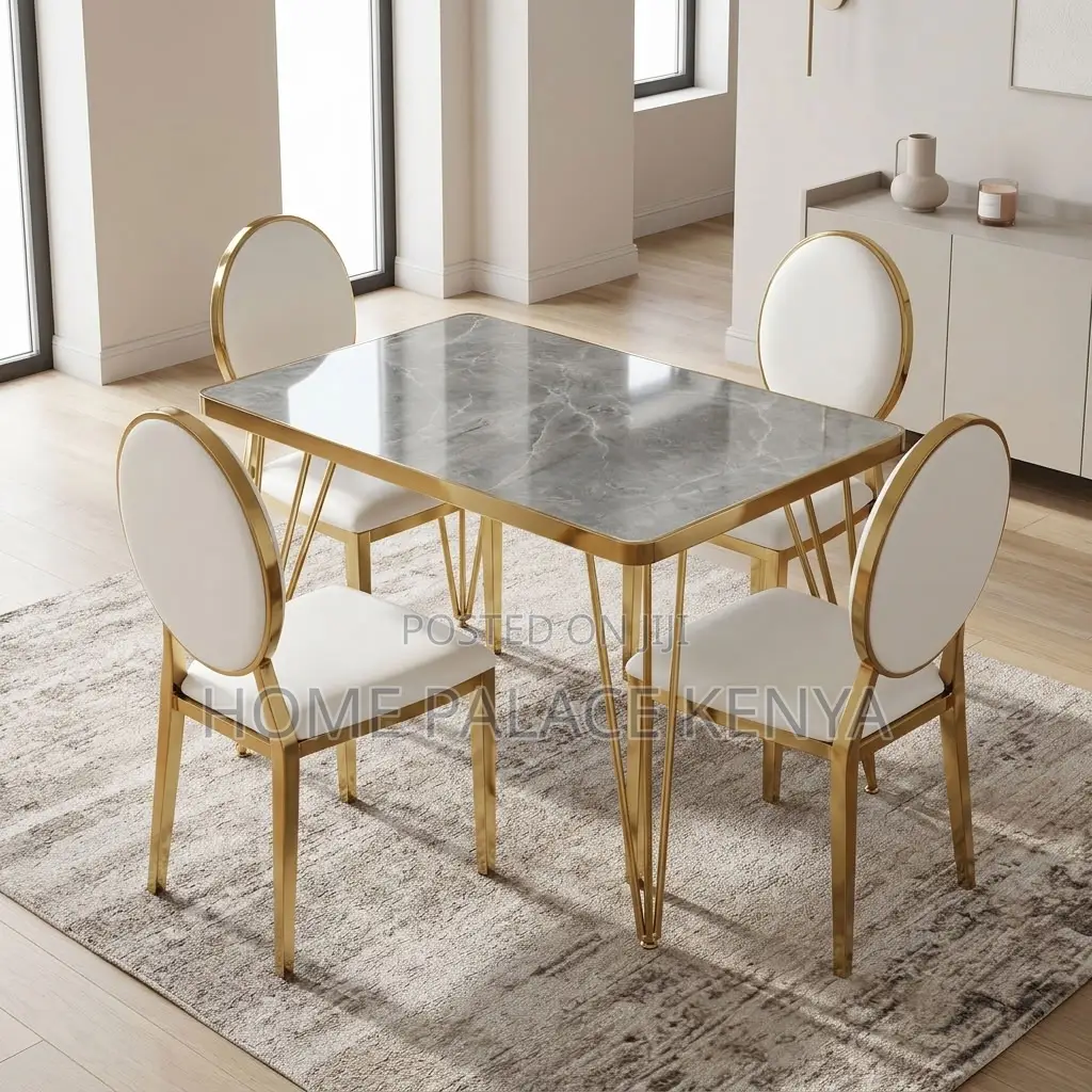 Kitchen Dining Set; Leather Chairs With Marble Gold Table Set