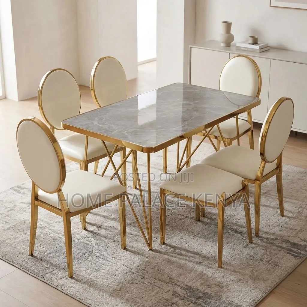 Kitchen Dining Set; Leather Chairs With Marble Gold Table Set