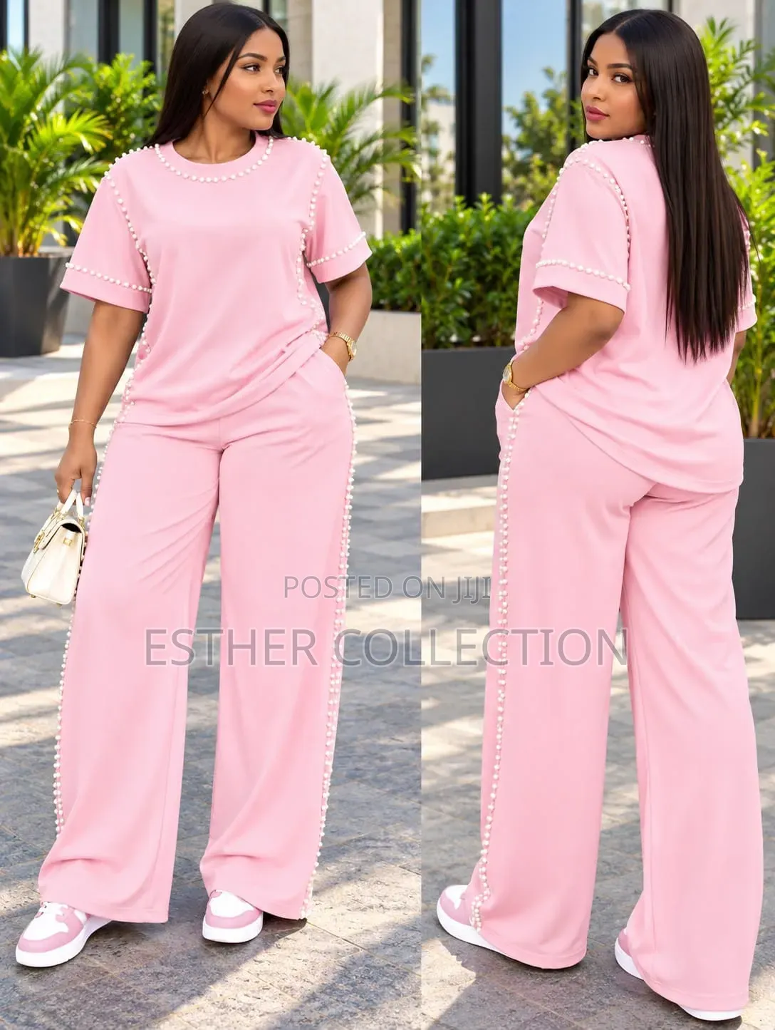 Pearl Embellished 2-Piece Wide Leg Pants Set