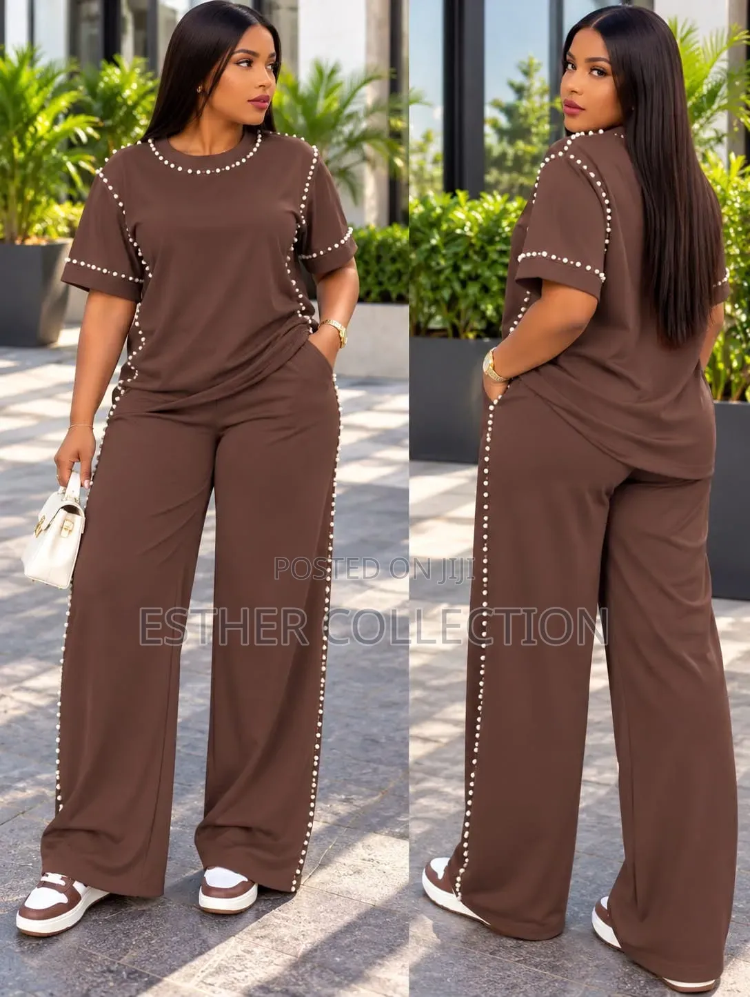 Pearl Embellished 2-Piece Wide Leg Pants Set